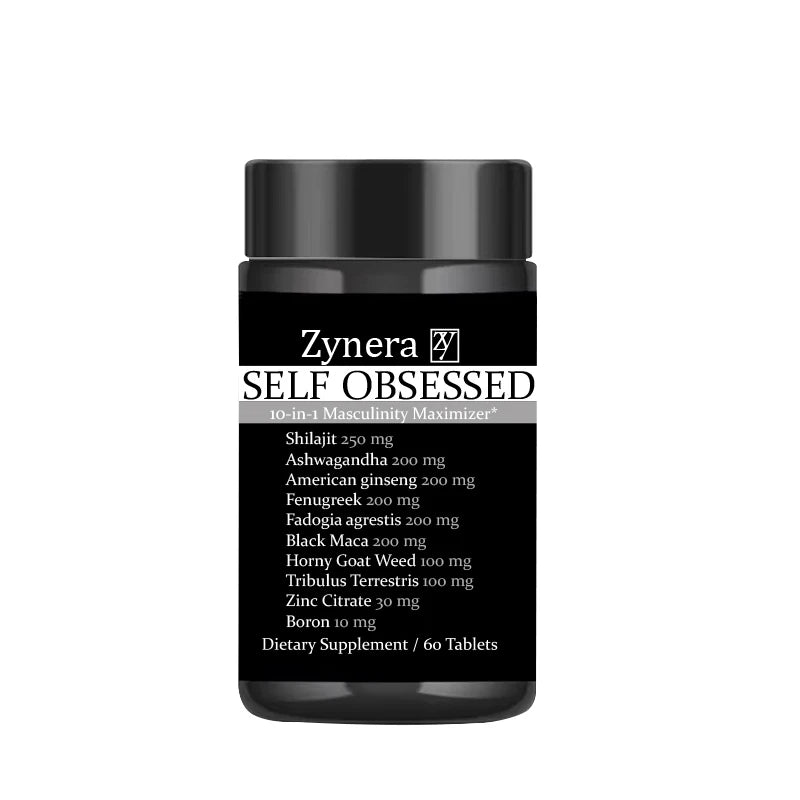 Single black supplement bottle with Zynera SELF OBSESSED label