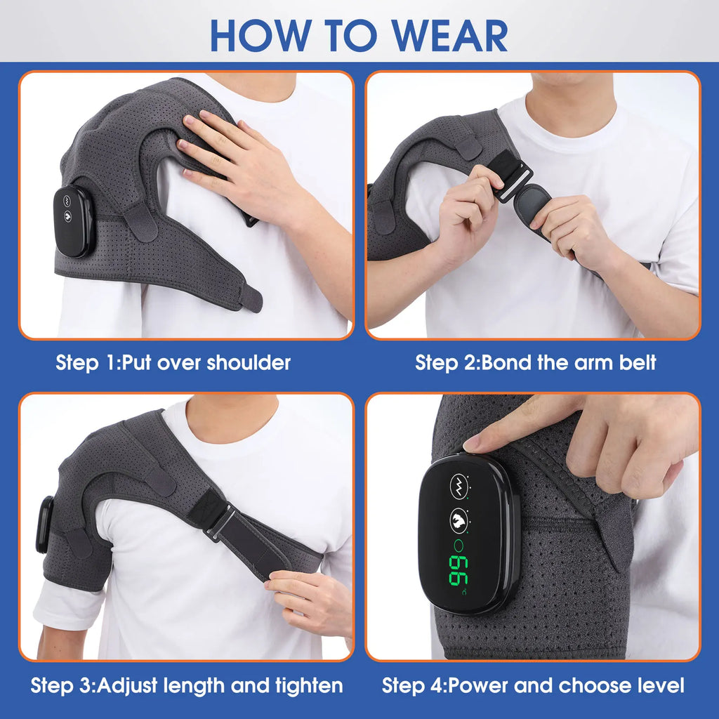 Heated shoulder massager brace worn on a person’s shoulder with adjustable strap