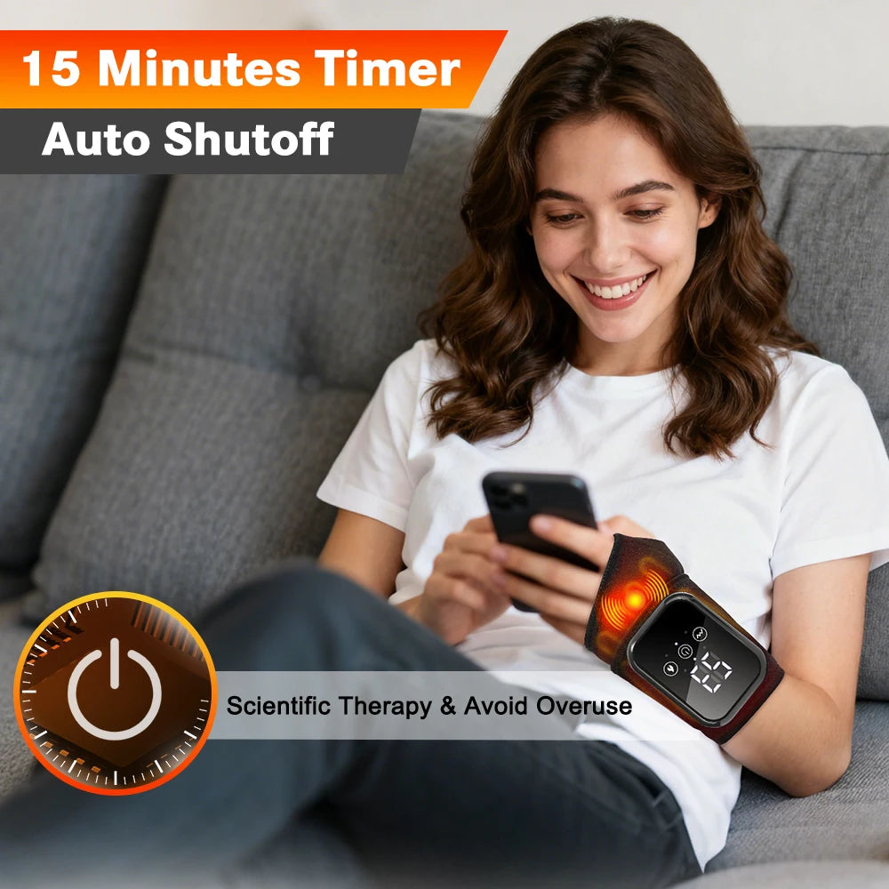 Heated wrist massager brace in black with timer display and glowing heat indicator