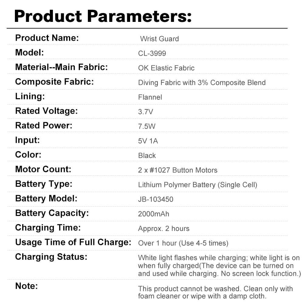 Heated wrist brace product parameters list on a label page