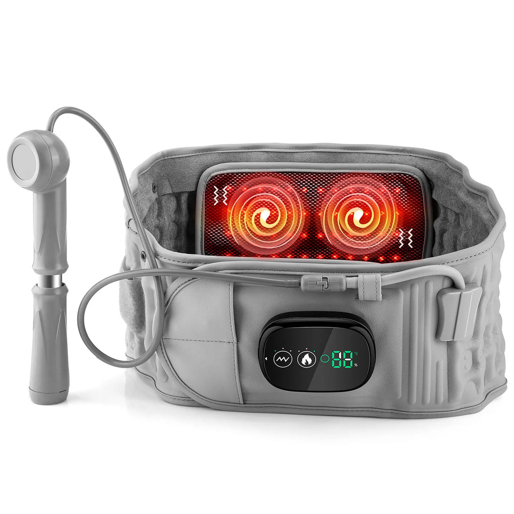 Gray infrared heating massager belt with controller and red swirl LED pattern