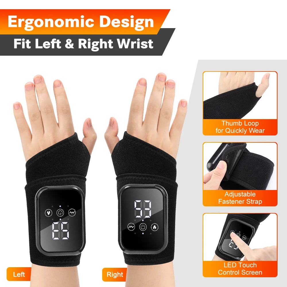 Heated wrist brace pair for left and right wrists with LED touch control screen
