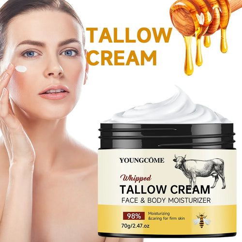 Whipped face and body tallow cream jar, black lid and gold label with cow graphic