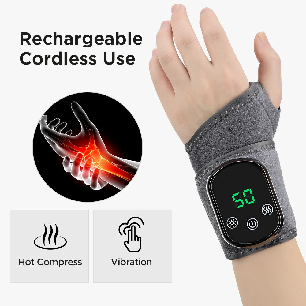 Heated wrist brace worn on hand with green LED display on gray cuff
