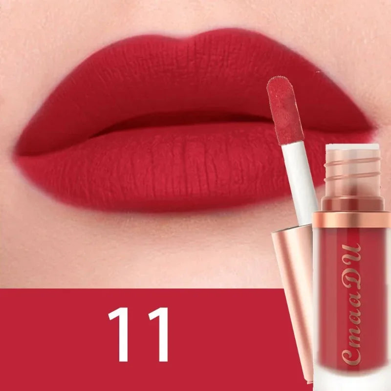 Matte velvet lip glaze liquid lipstick, shade 11, brick red matte lips and applicator.