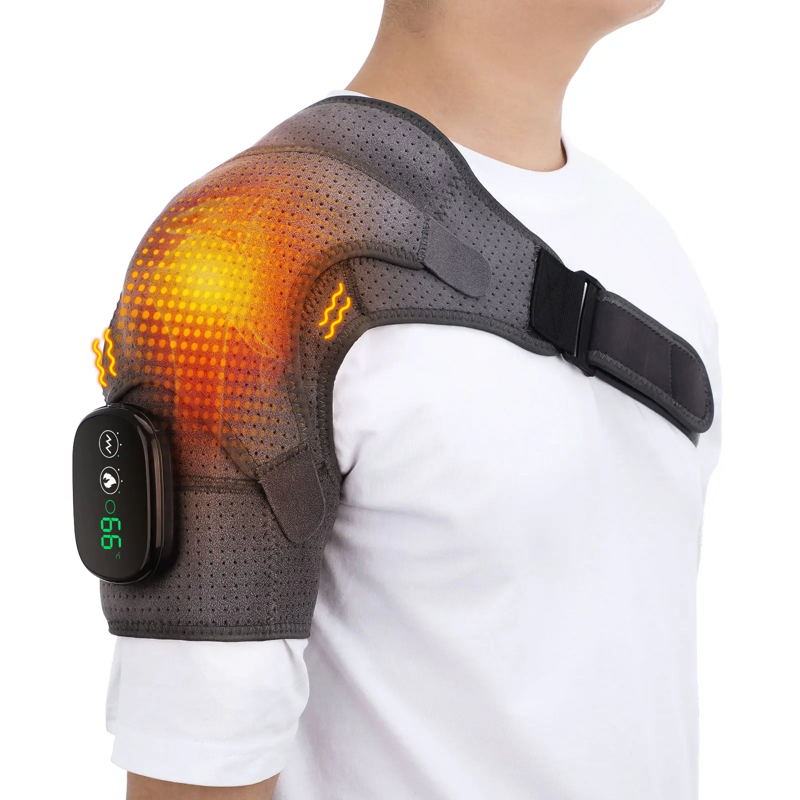 Dark gray heated shoulder brace with orange heat glow and black control module