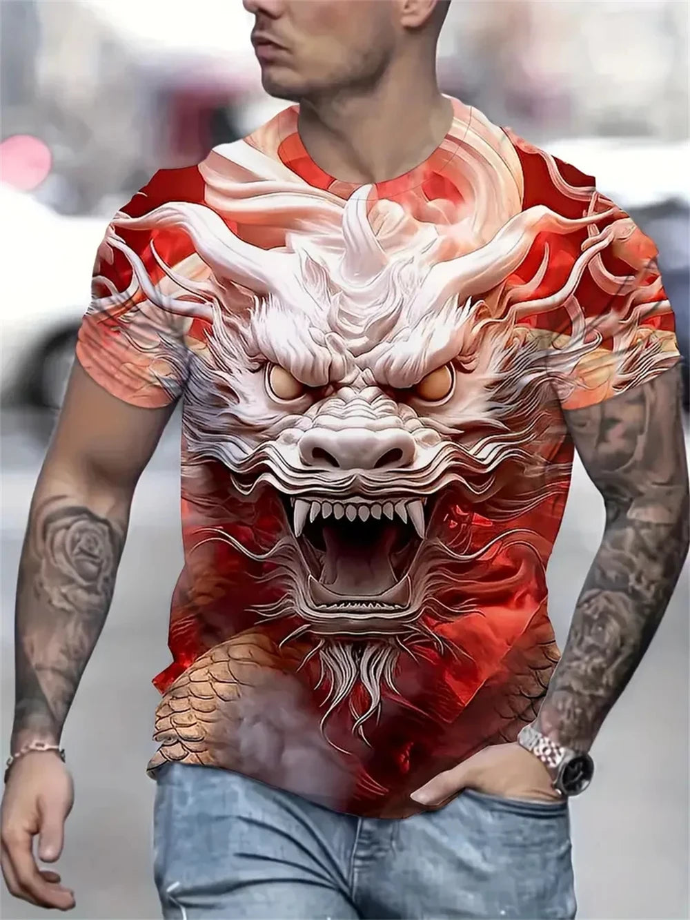 Mens Dragon Print Cotton Blend T-shirt - Stylish Crew Neck Comfortable & Breathable for Summer