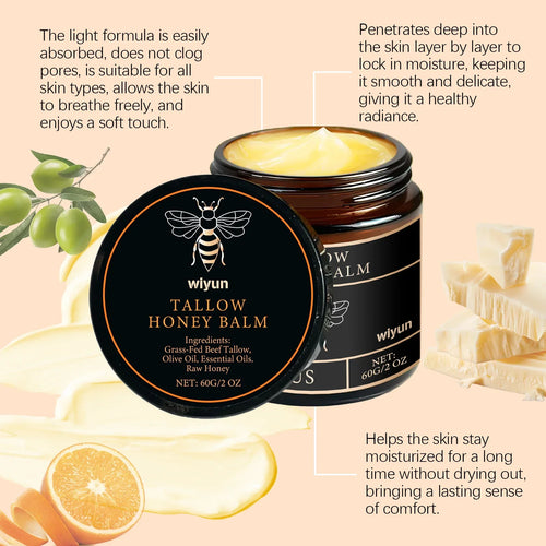 Tallow honey balm face cream jars with golden balm tops and black lids