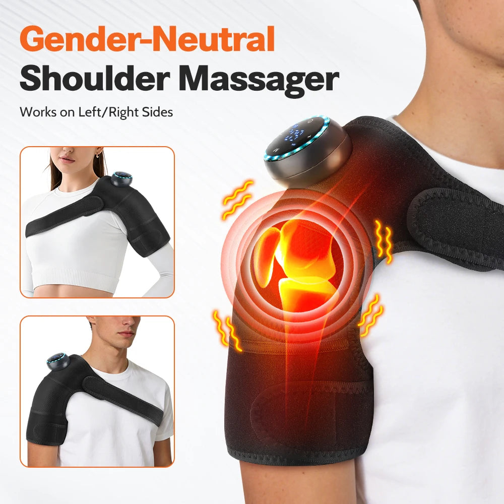Black heated shoulder massager worn on shoulder with controller and infrared heat glow pads