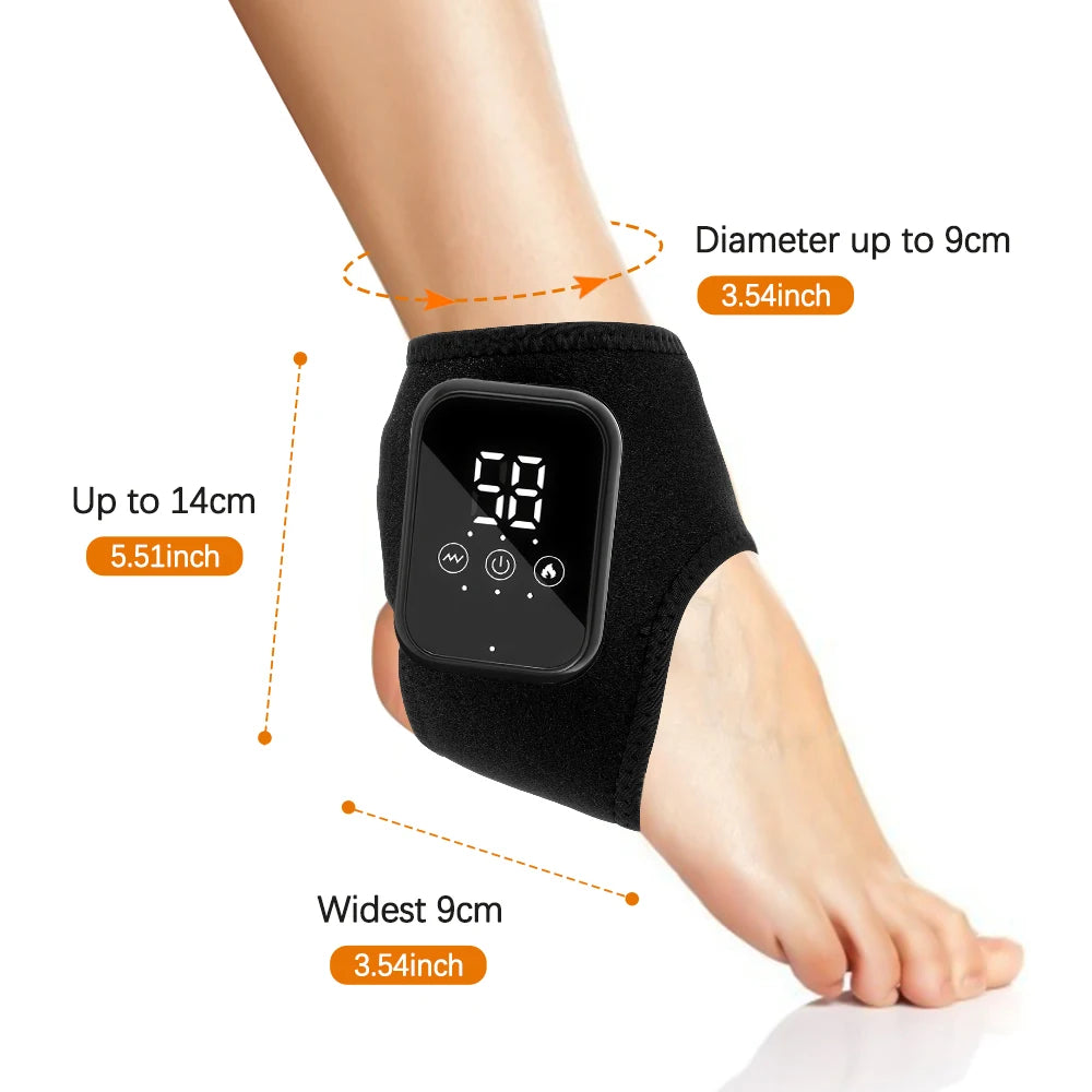 Heated ankle massager brace with sizing guide and controller display on ankle