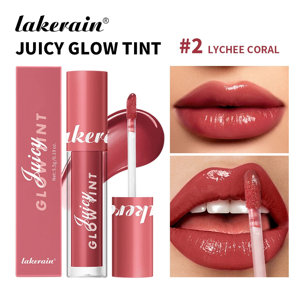 Juicy Glow Tint lip glaze #2 Lychee Coral, glossy coral lips with doe-foot applicator.