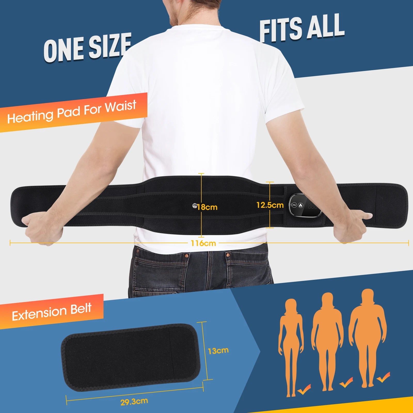 Black waist heating massager belt with heating pad and extension belt layout