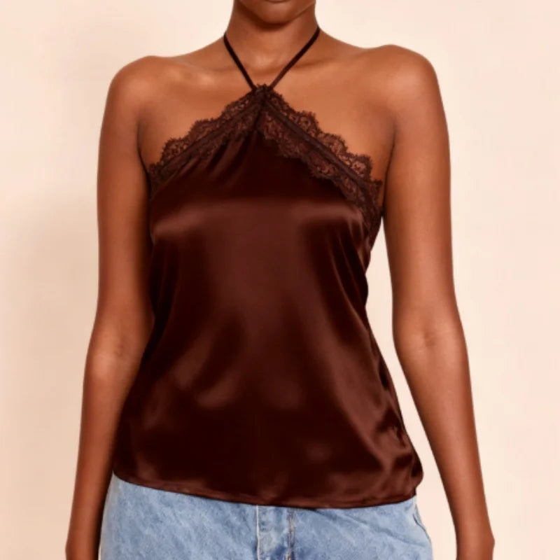Women Lace Trim Halter Neck Tank Top Sexy Tie Up Backless Slim Fit Silk Satin Tops Summer Shirt Streetwear