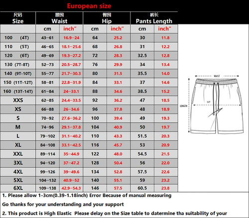 European size chart for men's swim shorts showing waist, hip, and pants length