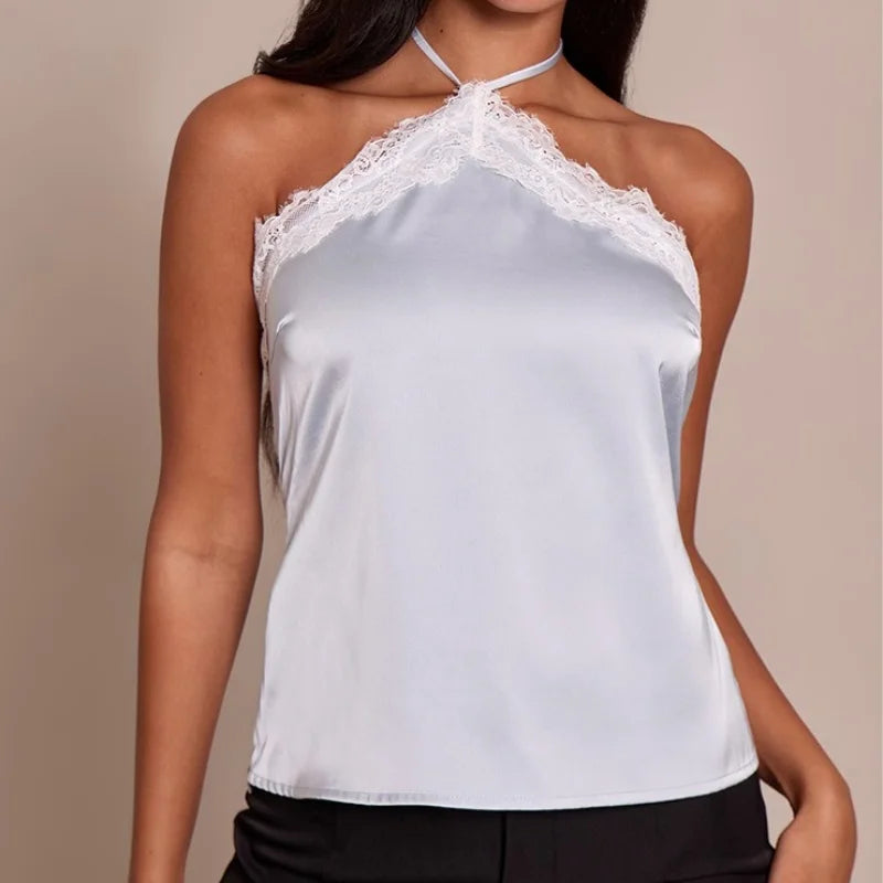 Women Lace Trim Halter Neck Tank Top Sexy Tie Up Backless Slim Fit Silk Satin Tops Summer Shirt Streetwear