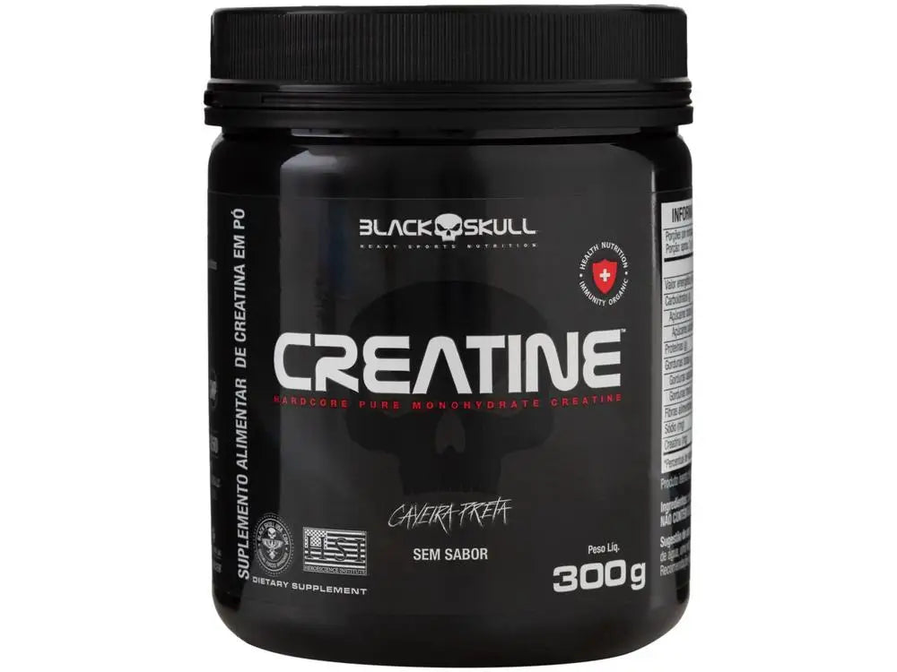 Black creatine powder container with side label, 300g and ingredient logos