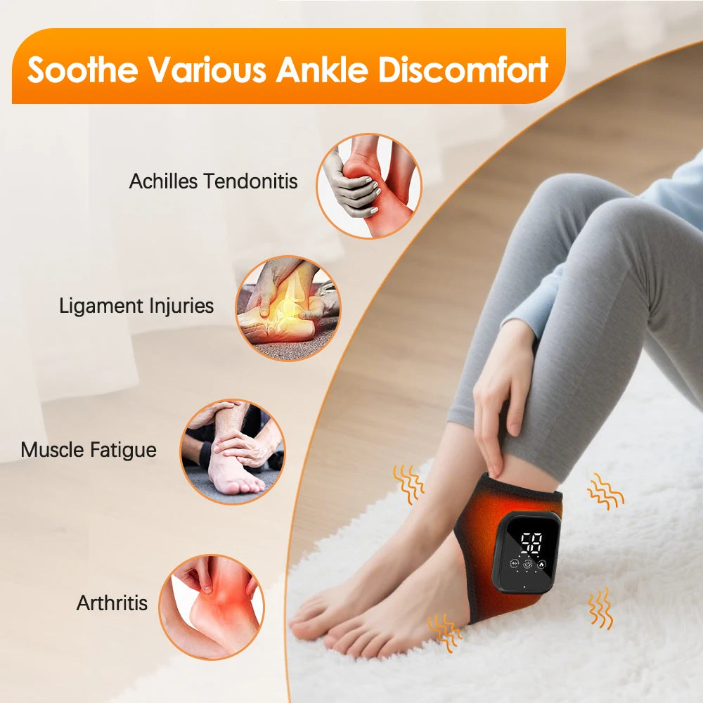 Heated ankle massager brace with controller on front and vibration heat icons
