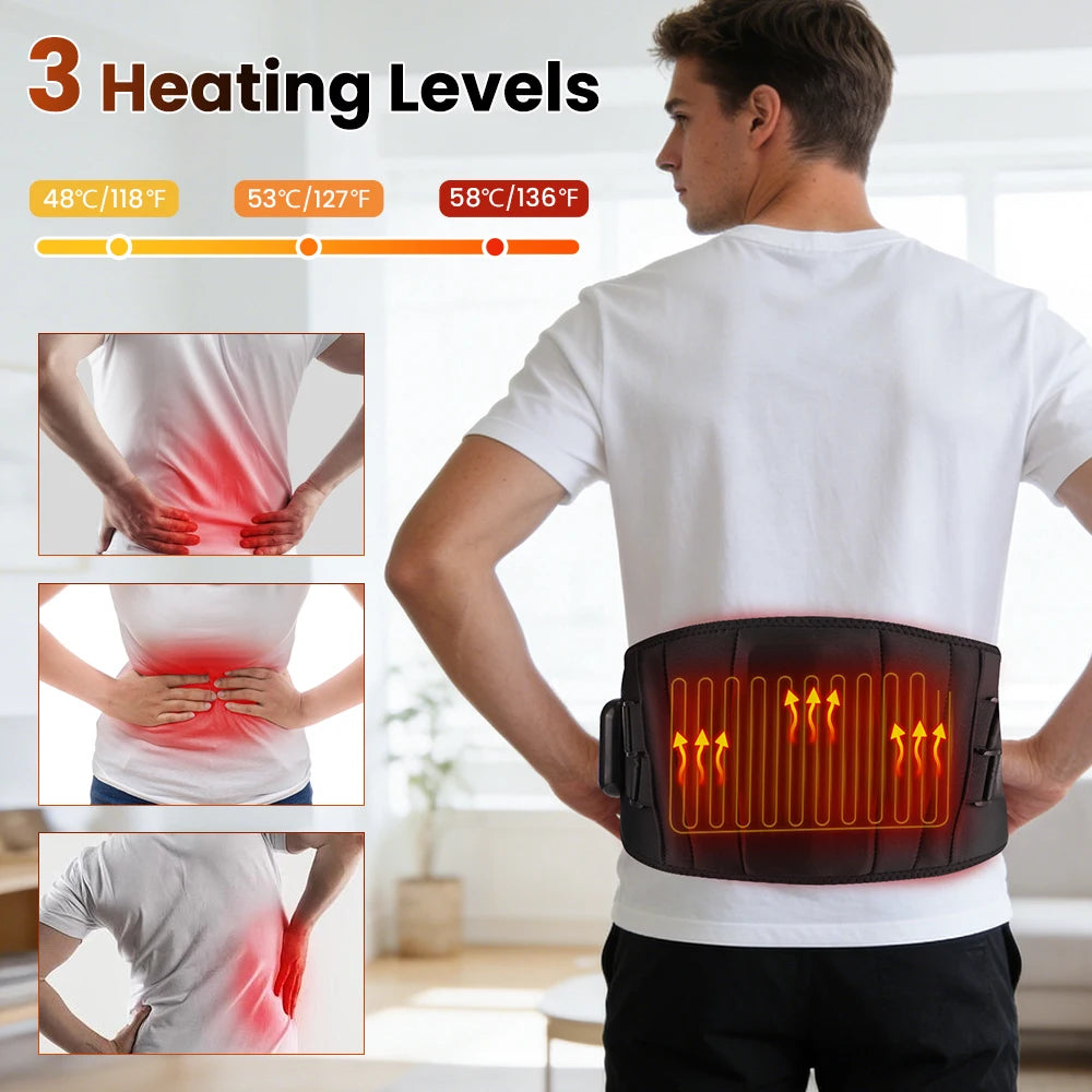 Black infrared heating waist massager belt worn on lower back, red heat bars visible