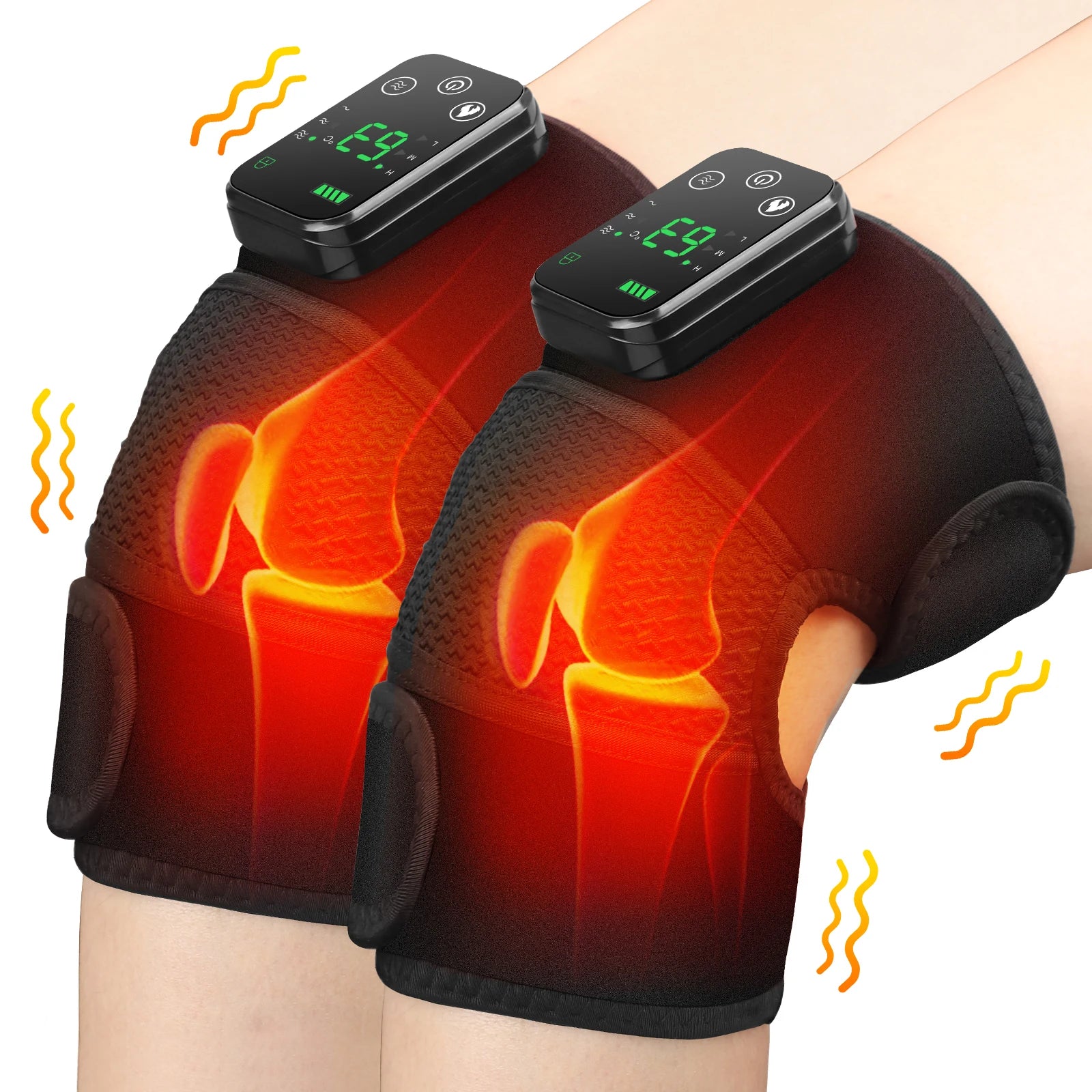 Heated shoulder massager brace with two controllers over black padded shoulder areas, red heat