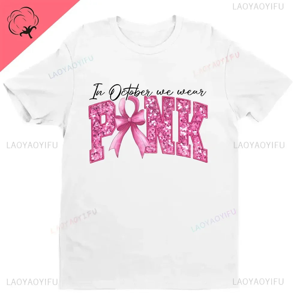 Breast Cancer Awareness We Wear Pink Awareness Ribbon Aesthetic Clothes Pink and White Tops Shirt