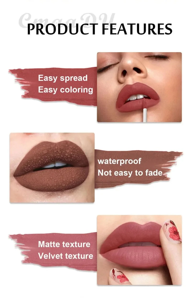 12 Colors Matte Velvet Lip Glaze Waterproof Liquid Lipstick Nude Brown Moisturizing Long Lasting Non-stick Cup Lip Gloss Makeup