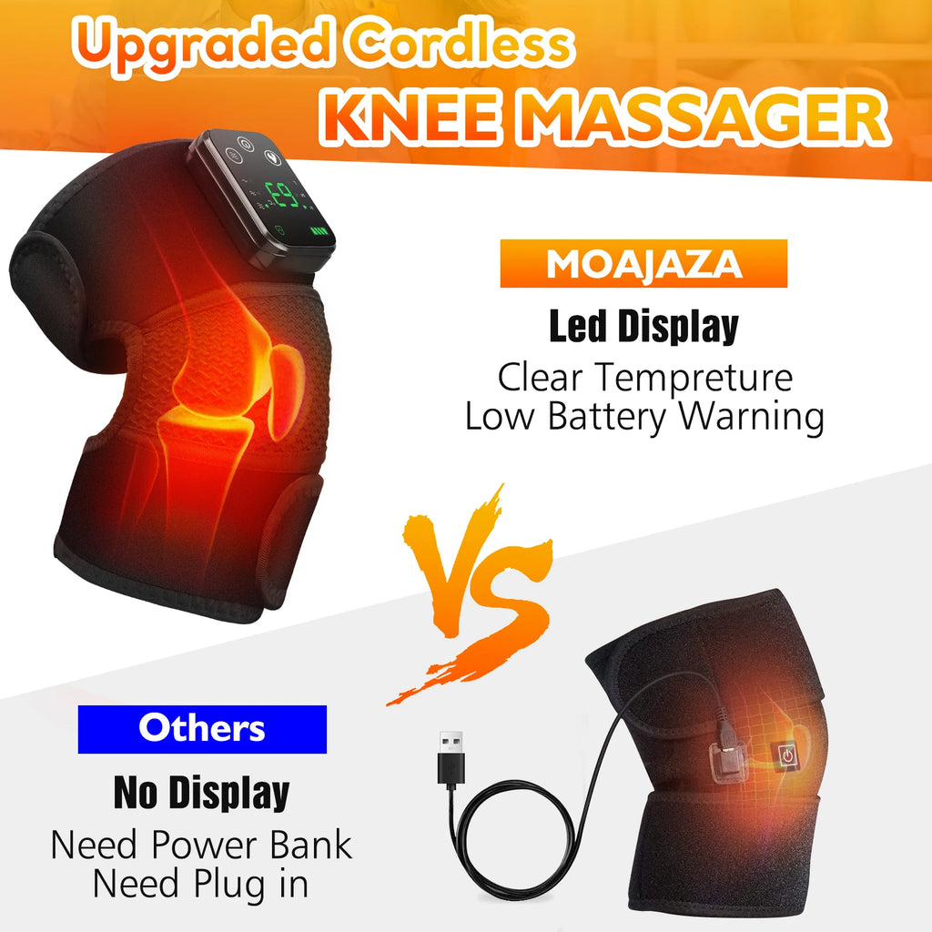 Cordless heated shoulder massager brace with on-controller LED display and warning icons