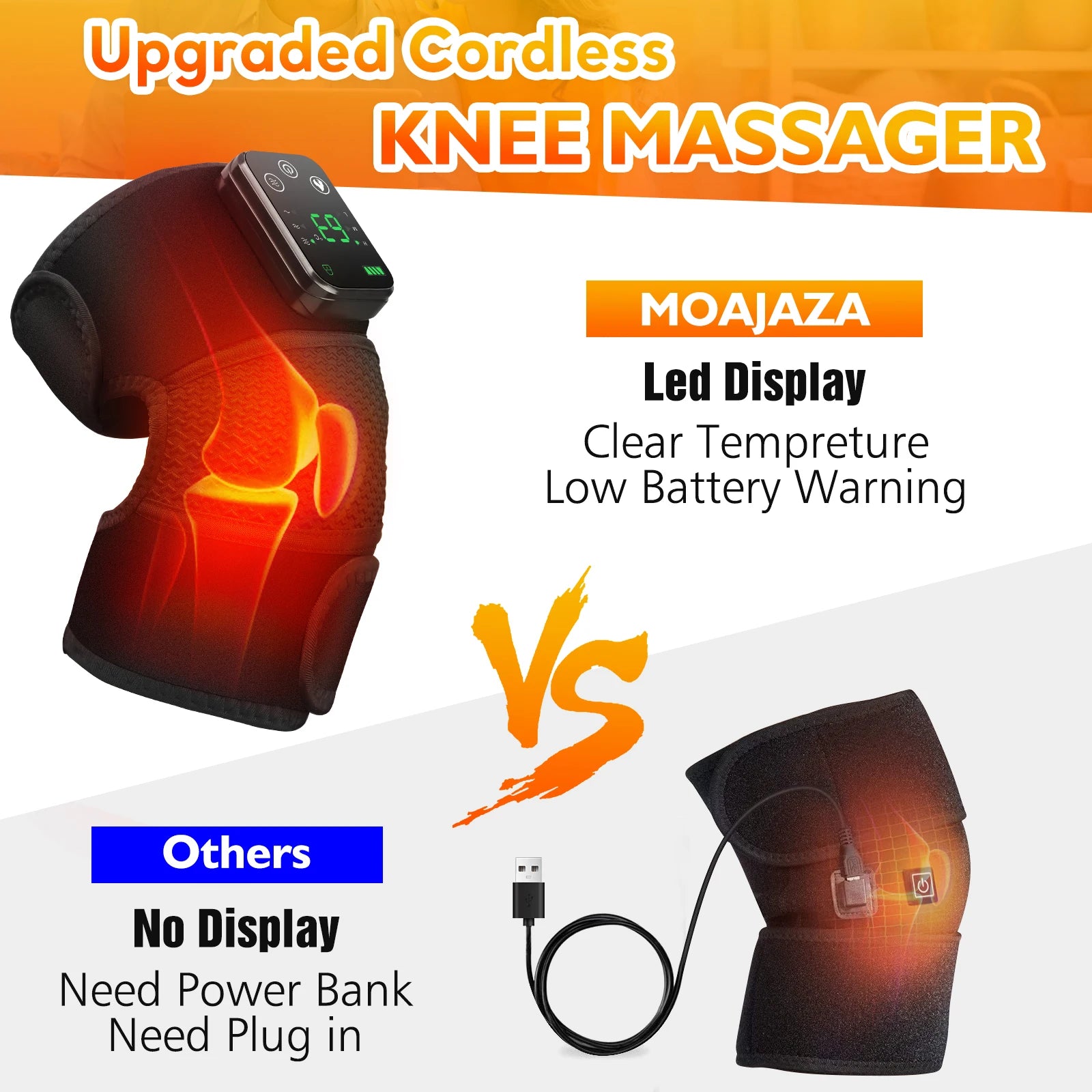 Cordless heated shoulder massager brace with on-controller LED display and warning icons