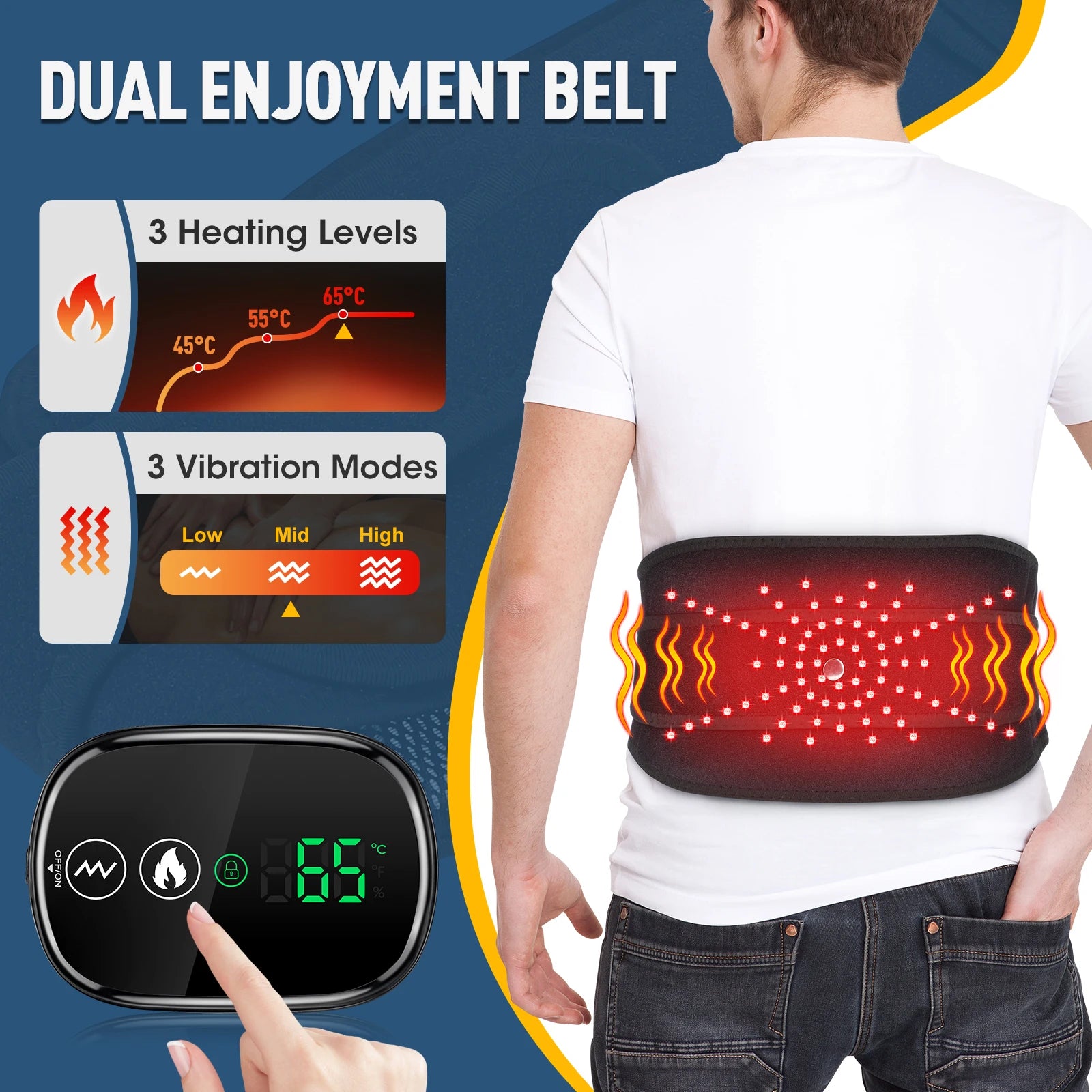 Waist heating massager belt worn on back, red infrared LED glow across belt