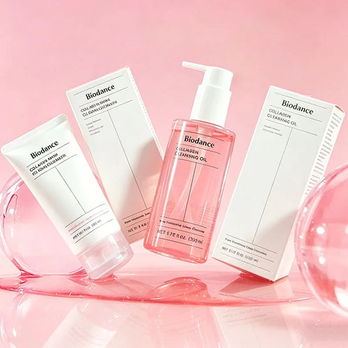 Biodance cleansing oil pink bottle with white boxes and translucent gel cleanser containers