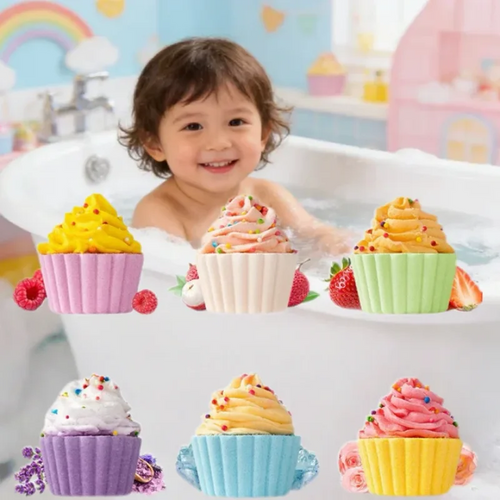 Cupcake-shaped bath bombs in pastel pink, yellow, green, and purple cups