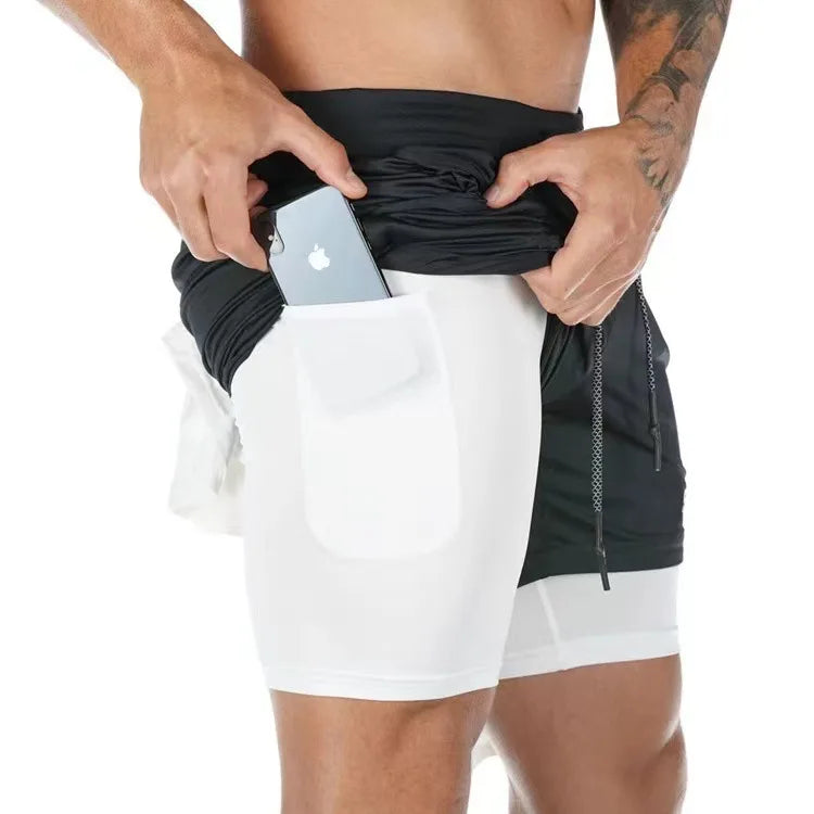 Men's Multi-Pocket Double-Layer Shorts Fitness Leisure Beach Sports Lined Tight Shorts Daily Mesh Camouflage Running Quick Dry