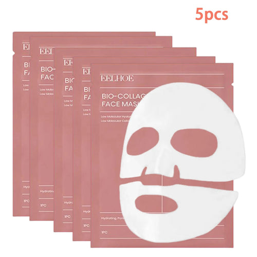 Bio-collagen face mask pack (5) rose-pink sachets with white mask icon.