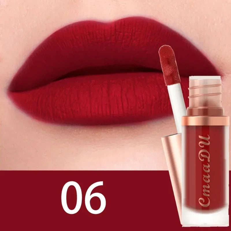 Matte velvet lip glaze liquid lipstick, shade 06, bright deep red matte lips and applicator.