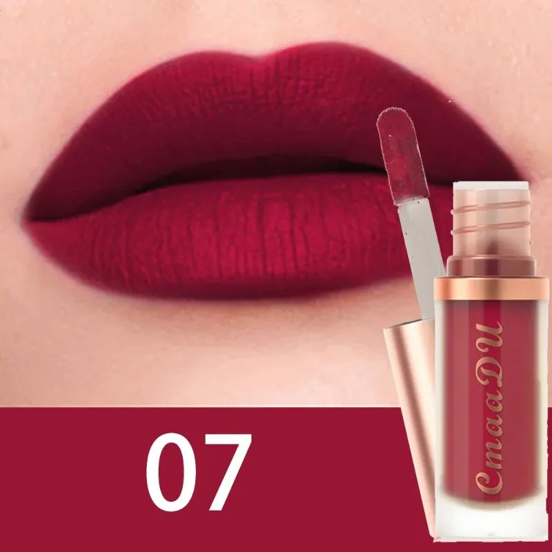 Matte velvet lip glaze liquid lipstick, shade 07, rich burgundy matte lips with applicator.