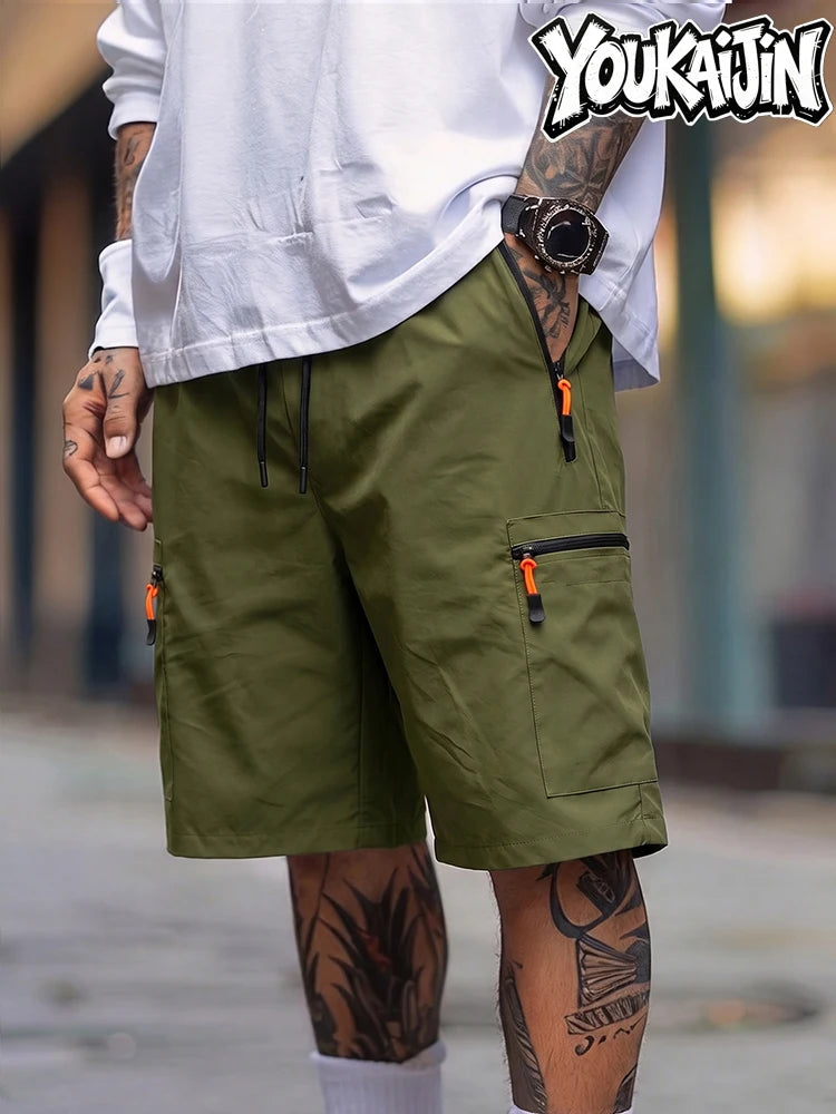 Men's Summer Quick Dry Cargo Shorts Thin Lightweight Elastic Waist with Drawstring Zipper Pockets Outdoor Hiking