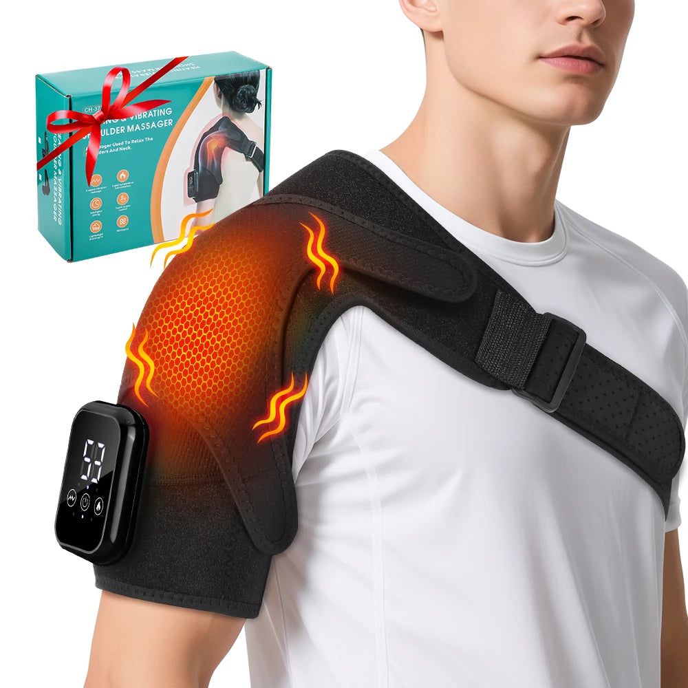 Heated shoulder massager brace with black strap and controller, red heat glow on shoulder