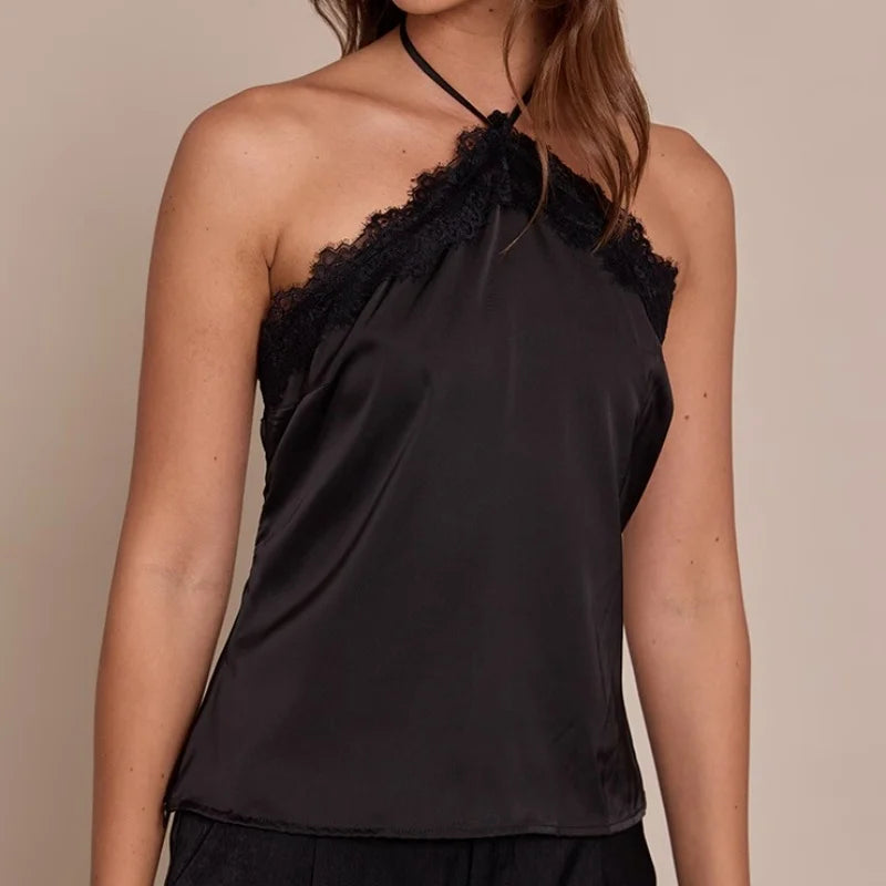 Women Lace Trim Halter Neck Tank Top Sexy Tie Up Backless Slim Fit Silk Satin Tops Summer Shirt Streetwear