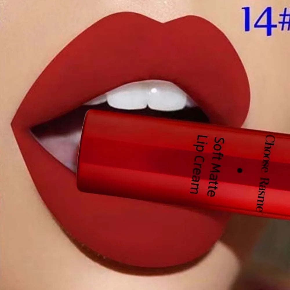 Matte liquid lip color, bright red lips with red applicator tube