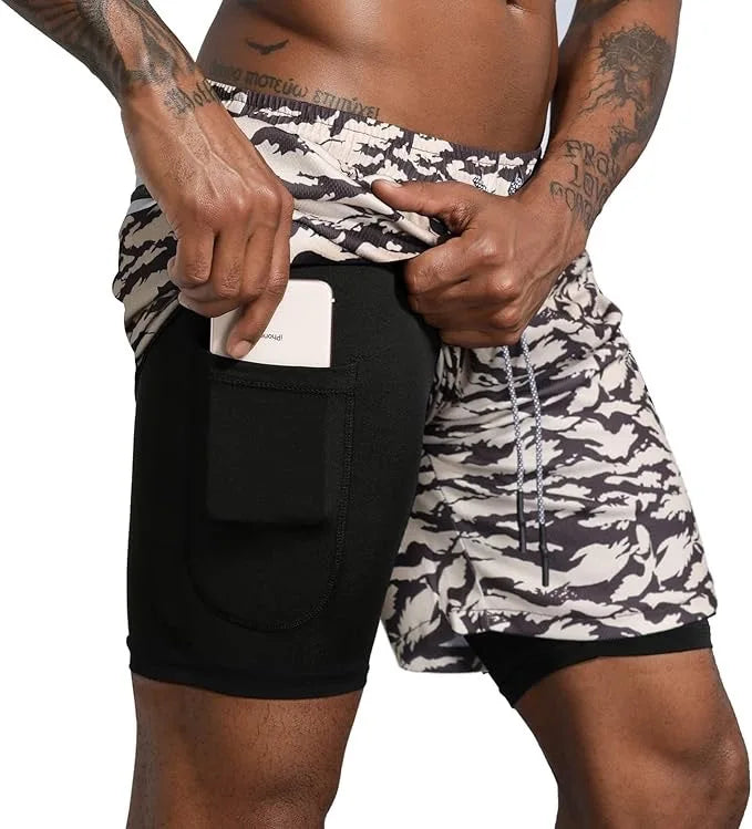 Men's Multi-Pocket Double-Layer Shorts Fitness Leisure Beach Sports Lined Tight Shorts Daily Mesh Camouflage Running Quick Dry