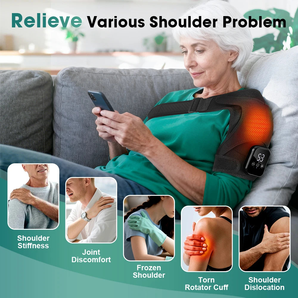 Black heated shoulder brace with infrared glow heating pad and control module on strap