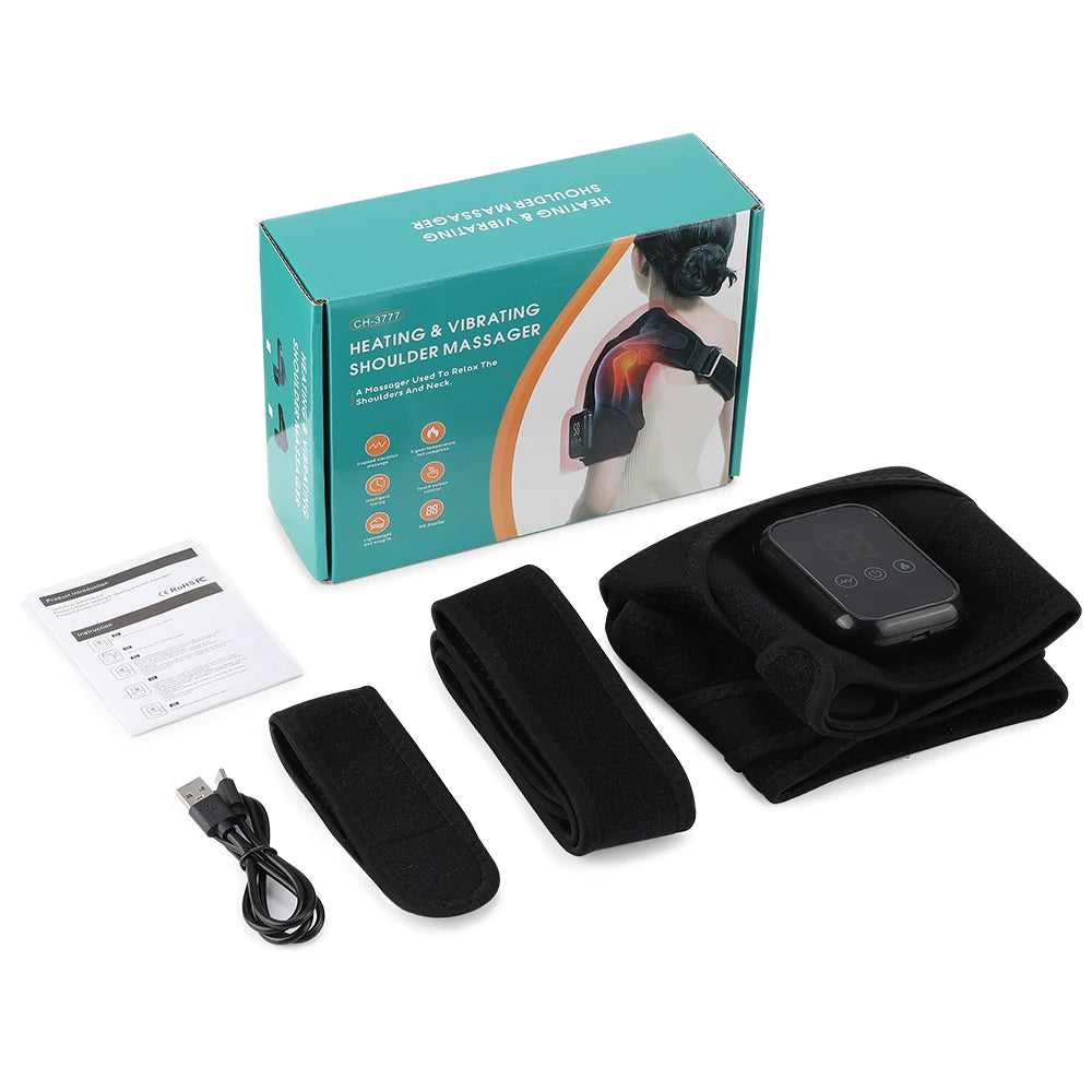 Heated shoulder massager kit with black brace, control unit, straps, and power cable