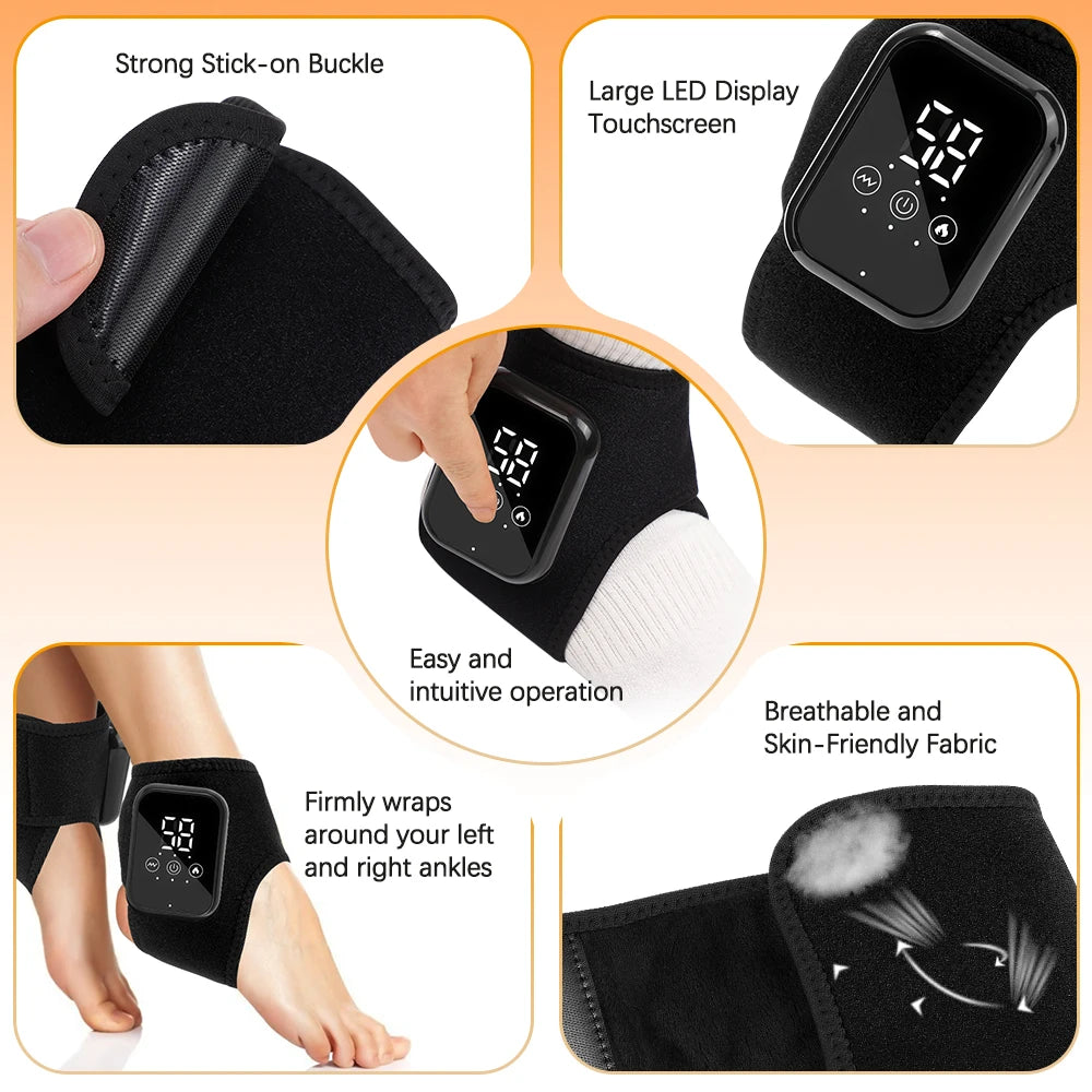 Heated ankle brace details: touch control LED screen and breathable black fabric