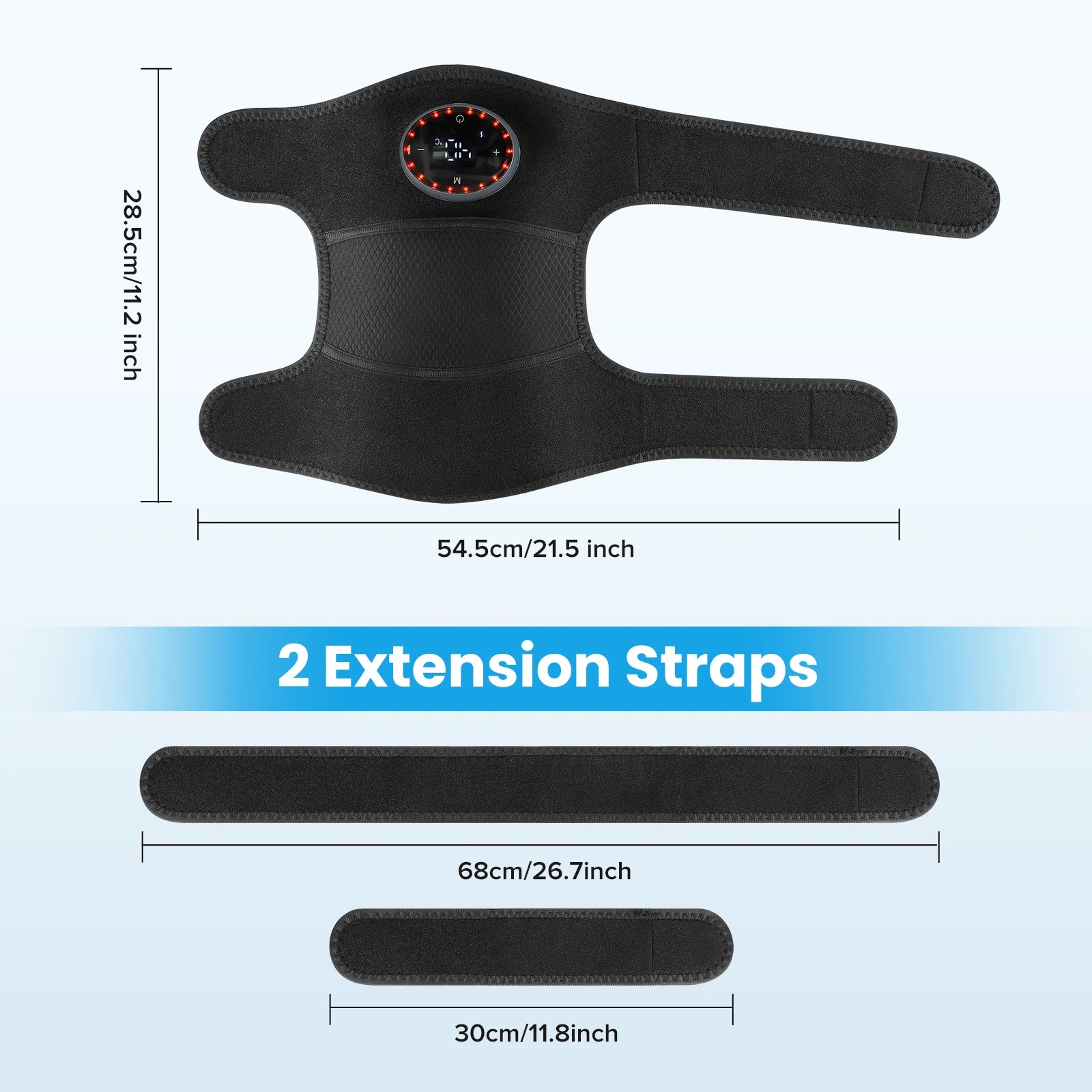 Black heated massager shoulder brace with center dial and two extension straps