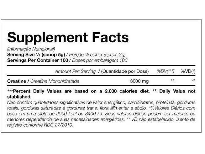 Supplement Facts label for creatine monohydrate powder, serving size 1/2 scoop