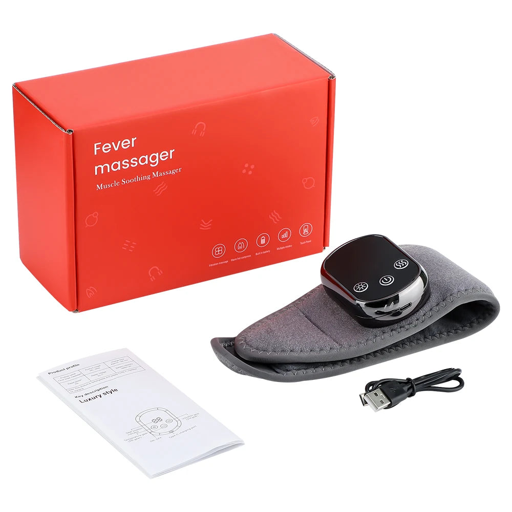 Heated massager brace kit with gray cuff, black controller, and USB charging cable
