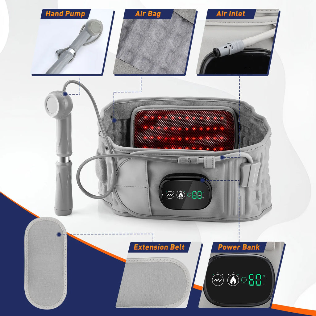 Infrared heating waist massager belt kit with controller, red heater panel, and pump