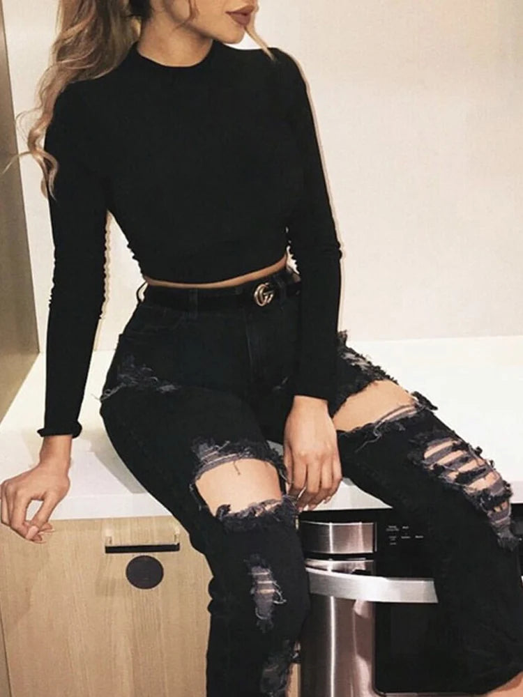Long Sleeve Crop Top Women Shirts Harajuku Korean Black Burgundy Sexy Clothes Turtleneck Basic Short T Shirt Femme