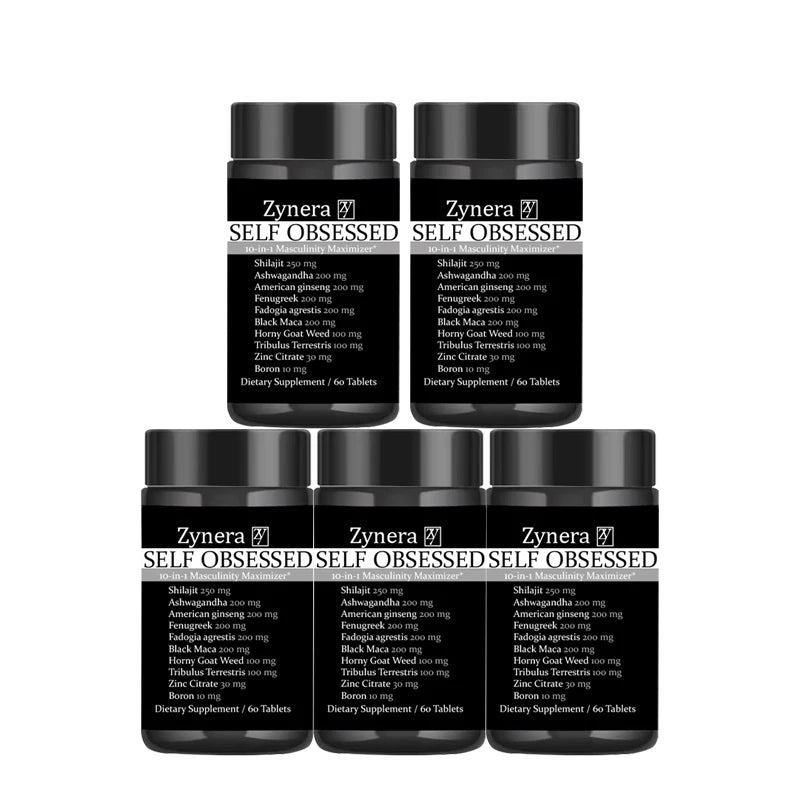 Set of black supplement bottles with Zynera SELF OBSESSED labels