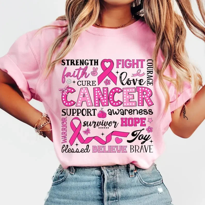 Breast Cancer Awareness We Wear Pink Awareness Ribbon Aesthetic Clothes Pink and White Tops Shirt