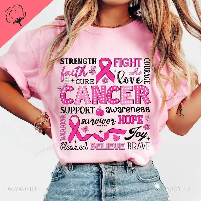 Breast Cancer Awareness We Wear Pink Awareness Ribbon Aesthetic Clothes Pink and White Tops Shirt